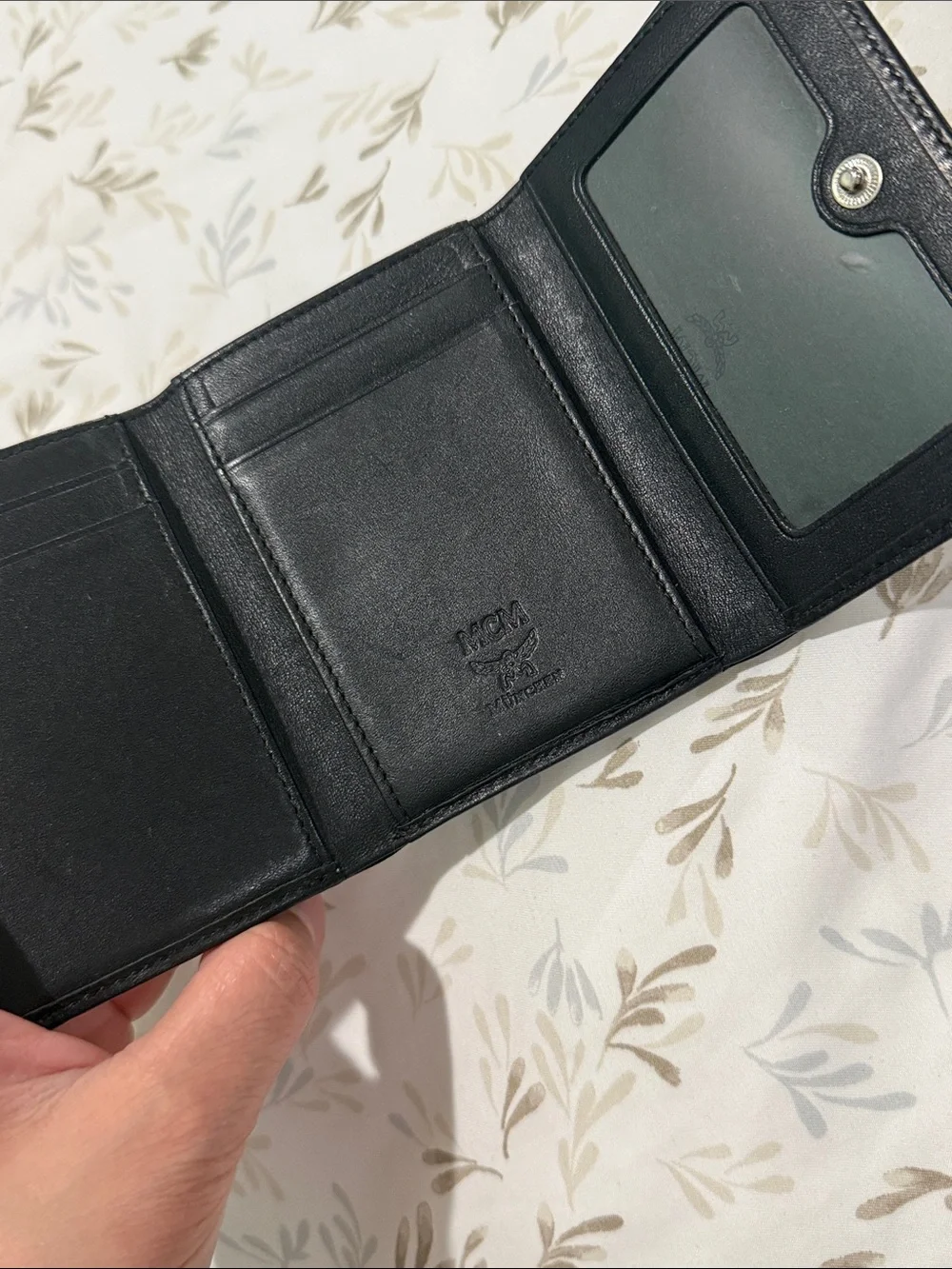 MCM Black Signature Compact Wallet with Silver Plaque